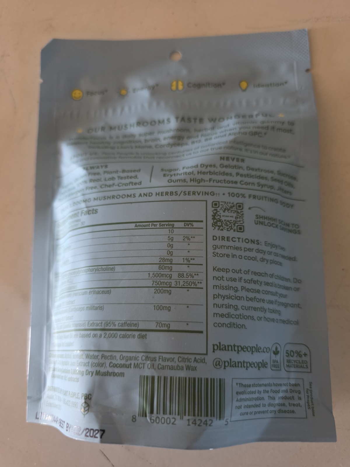 Plant People WonderFocus Mushroom Gummies 60 Juicy Citrus Gummies 02/2027