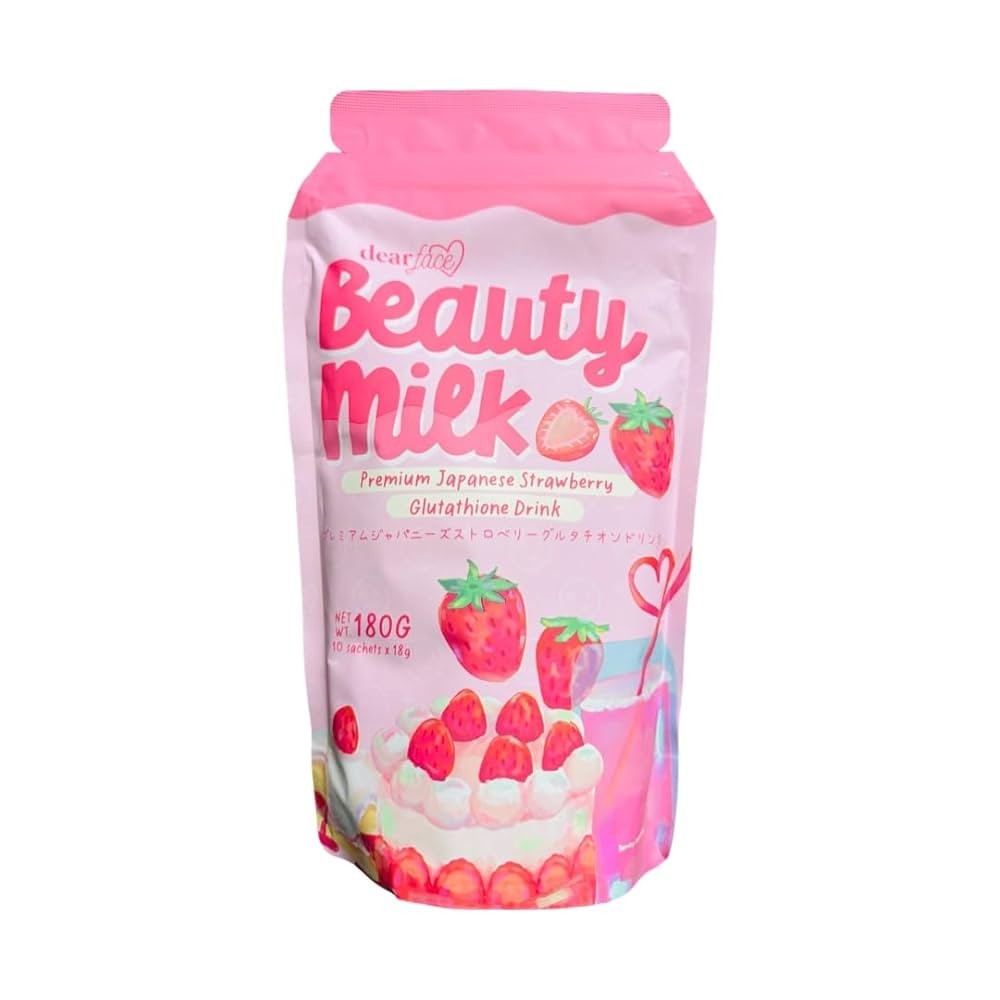 New Dear Face Beauty Milk Japanese Collagen STRAWBERRY Drink, 10 Sachets X 18g