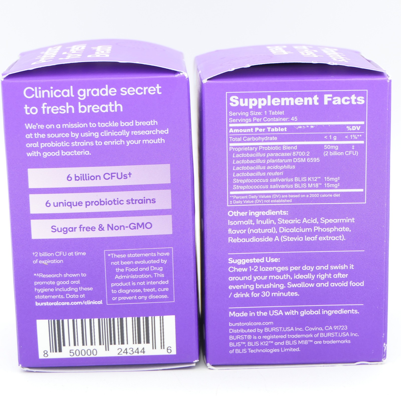 Burst Oral Probiotics Mint Chewable Lozenges Supplement 2 Pack 45 Ct Ea Exp06/26