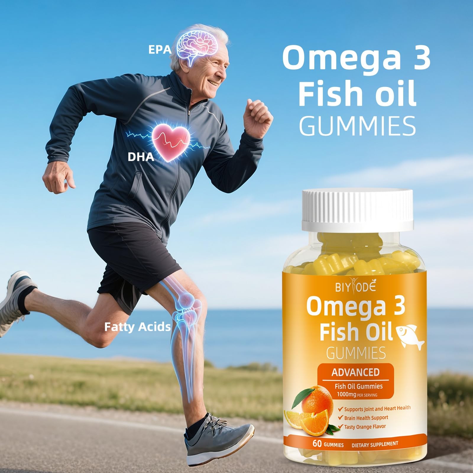 Omega-3 Fish Oil Supplements: Pure 1000mg 60 Count (Pack of 1), Orange
