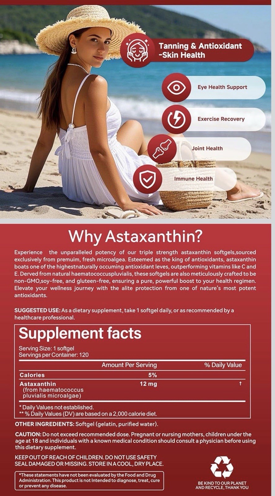 4 pcks Astaxanthin 12mg Antioxidant Softgels 120 ct GMO/Gluten/Soy Free