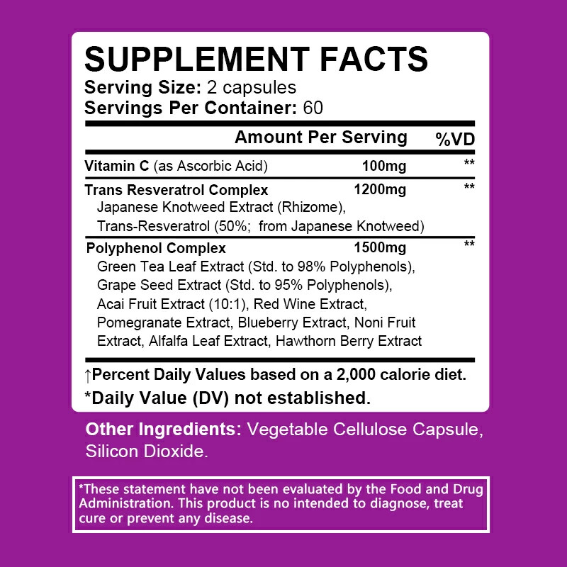 Resveratrol with 1200mg per capsule I Trans-Resveratrol 30 to 120 capsules