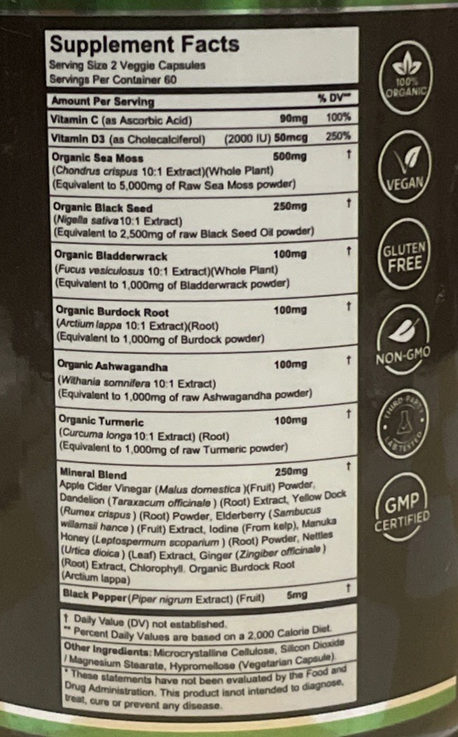 Irish Sea Moss 17-in-1 Seamoss Black Seed Oil 120 Capsules-2 per serv EXP 5/26