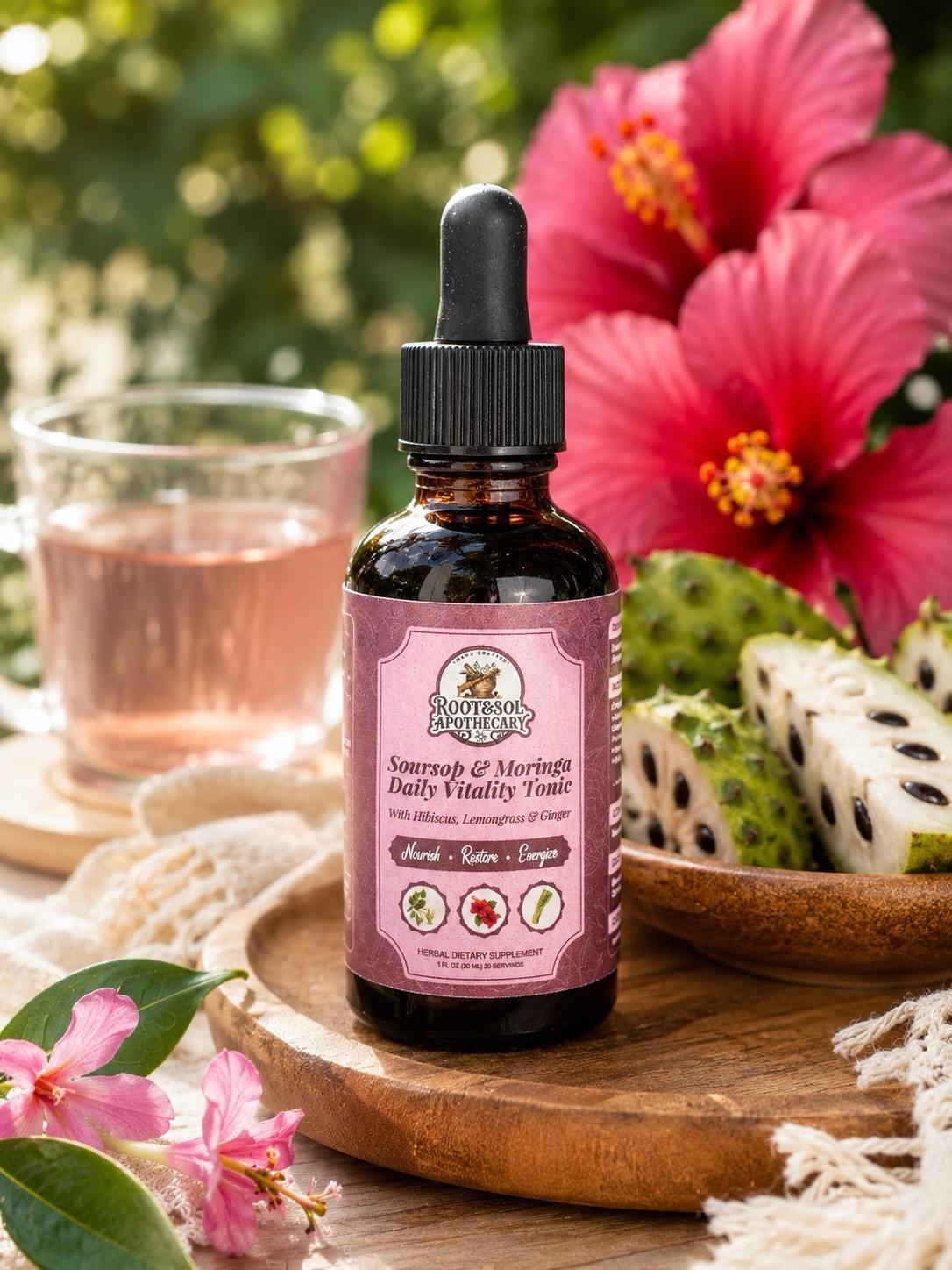 Root & Soil Apothecary Soursop Moringa Hibiscus Ginger Lemongrass Tonic 1 fl oz