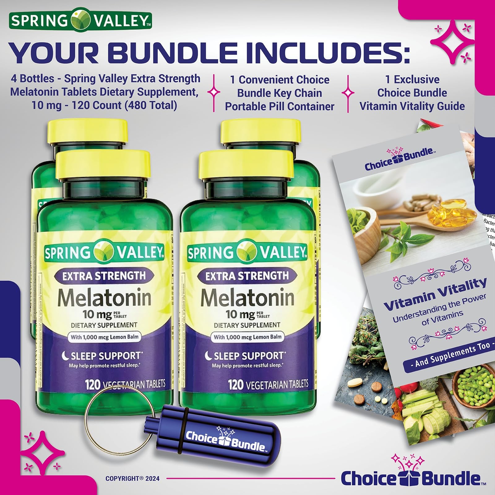 Spring Valley Melatonin 10mg Lemon Balm 4Pk (480ct) + Bonus Vit Guide & Case