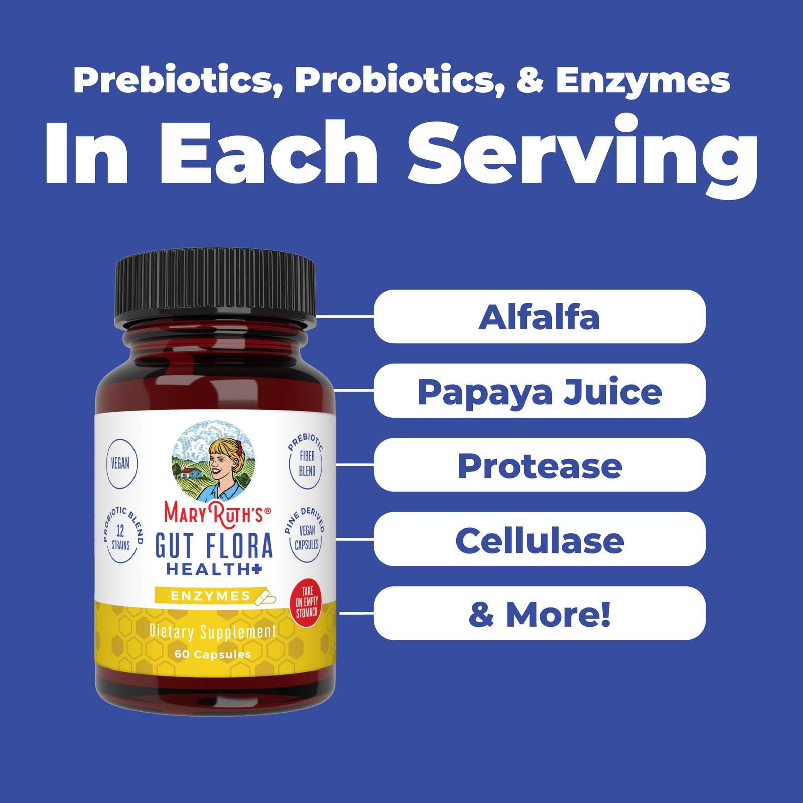 MARYRUTH’S Gut Flora Health+ Enzymes | Prebiotic & 60 Count (Pack of 1)
