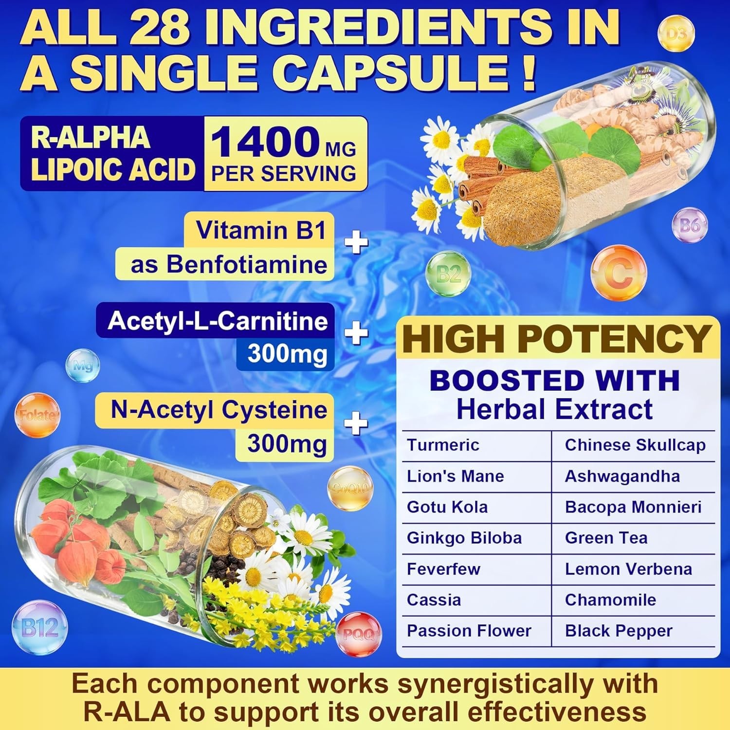28in1 R Alpha Lipoic Acid 1400mg Neuropathy Supplements for Energy, 120 Capsules