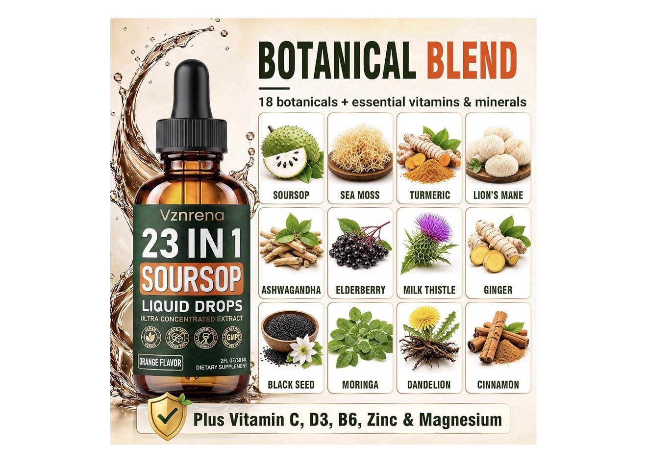 Vznrena 23-in-1 Soursop Liquid Drops Orange Flavor 2 fl oz/60mL
