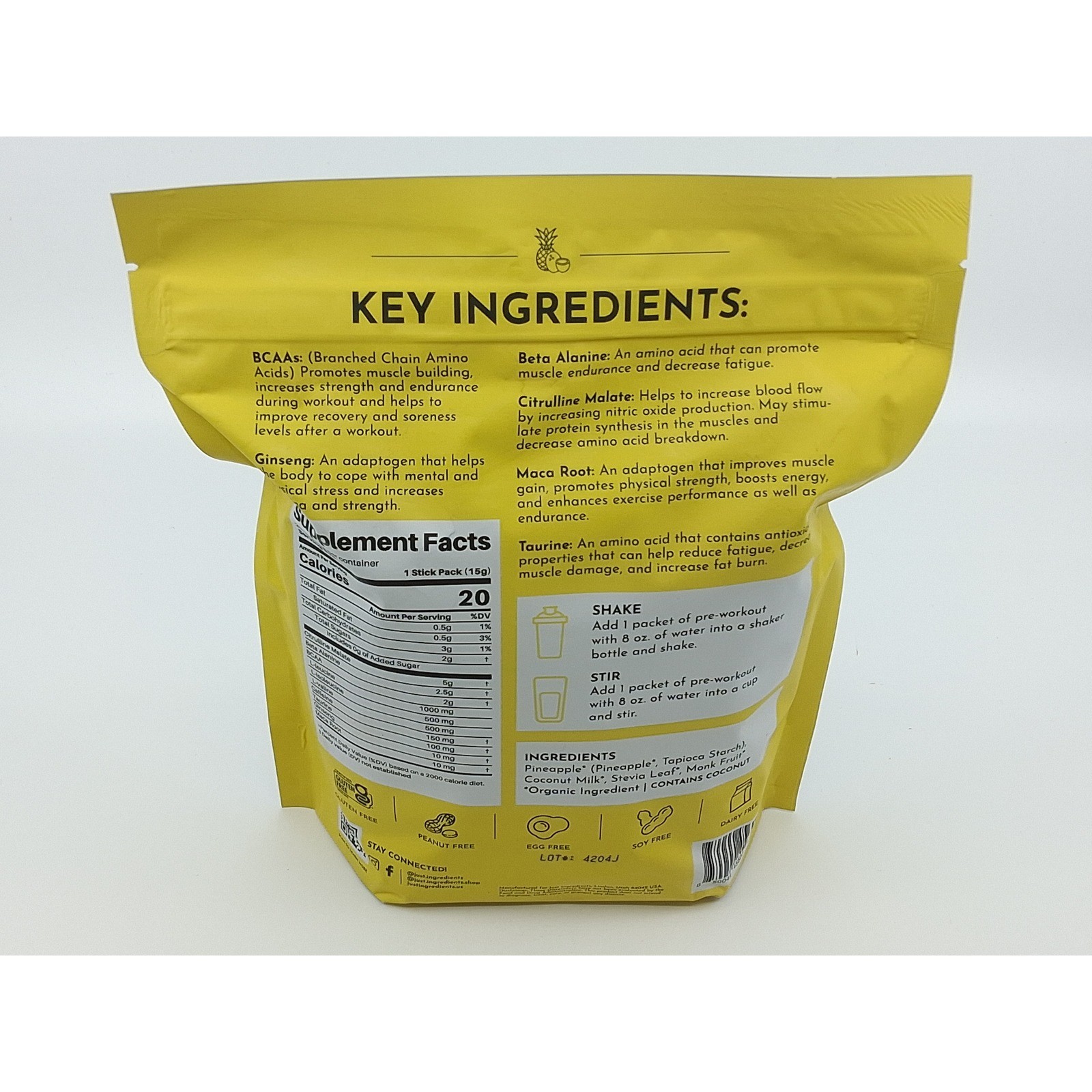 Just Ingredients Pre-Workout Tropical Paradise Dietary Supplement 20packs Sealed