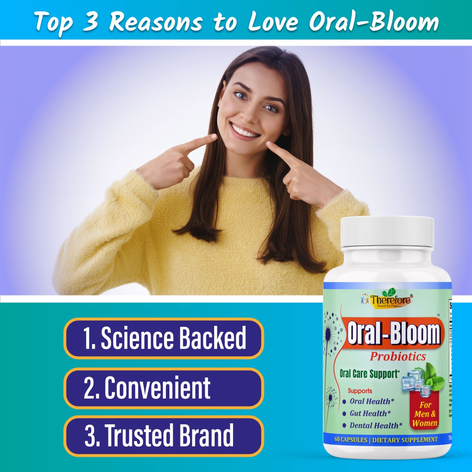 Oral-Bloom Probiotic Capsules for Oral Health, Gut Support & Fresh Breath-60ct