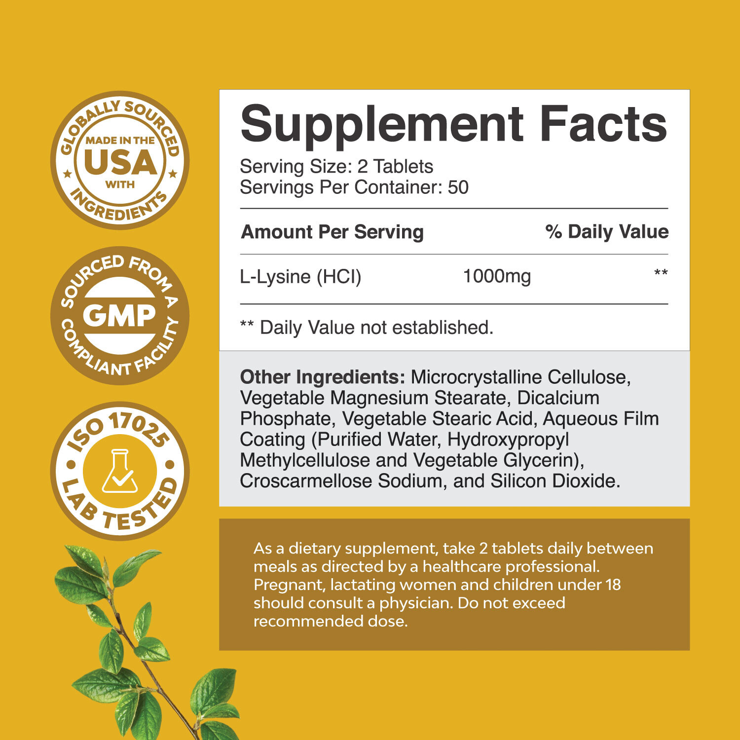 L Lysine 1000mg per serving Nutritional Supplements – Amino Acids for Eye Health
