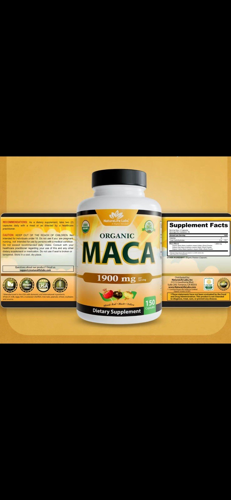 NaturaLife Labs Organic Maca 1900 mg 150 Capsules Vegan Gluten-Free Exp 03/2029
