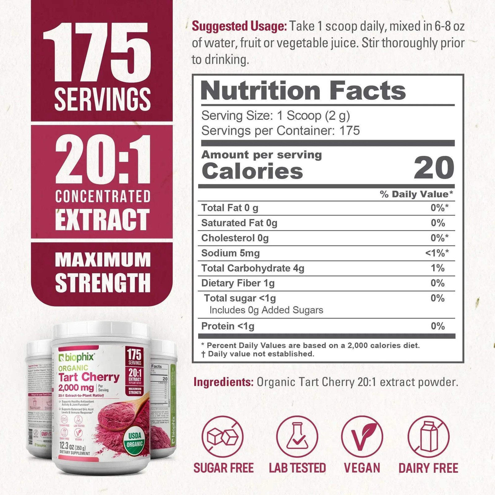 biophix Tart Cherry USDA Organic Powder 20:1 Extract 12.3 oz 350 g