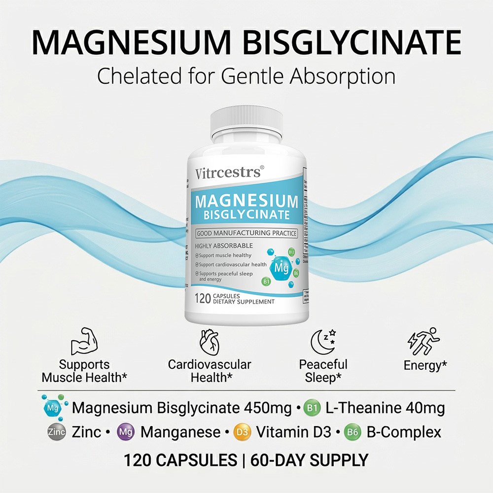 450mg Magnesium Bisglycinate with L-Theanine for Muscle&Heart Wellness 30~120Cap