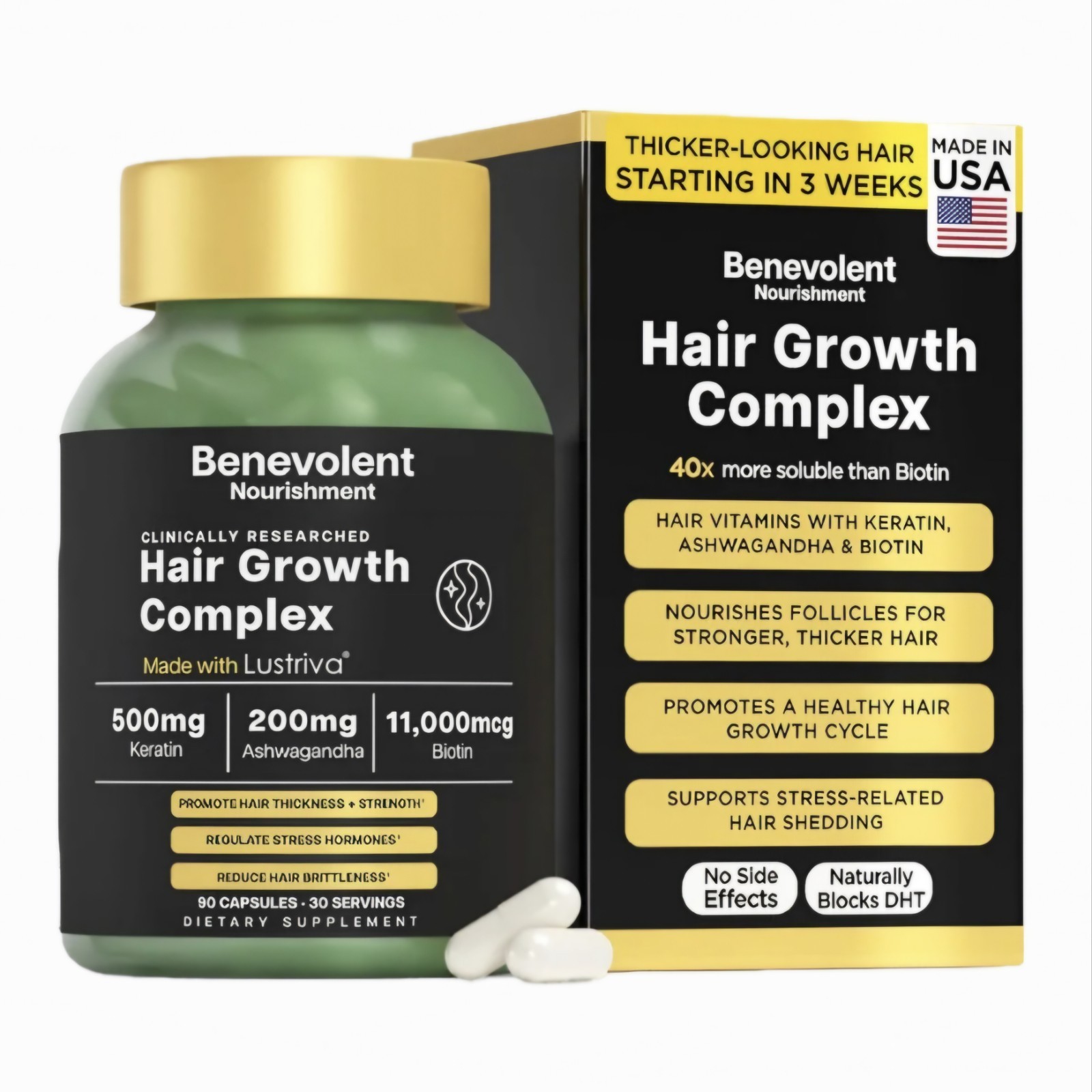 Benevolent Lustriva Hair Growth Supplement Hair Vitamins Keratin Biotin 90 Caps