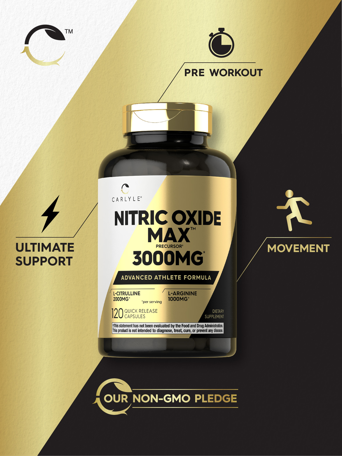 Nitric Oxide Capsules 3000mg | 120 Count | Pre Workout Supplement | by Carlyle