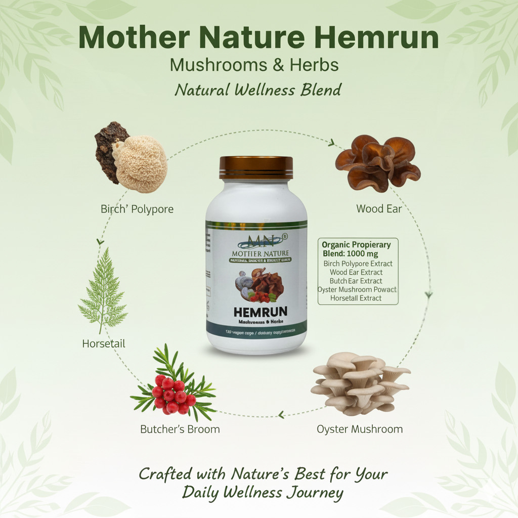 Organic Hemrun Mushrooms 120 Vegan Capsules Wood Ear Butcher’s Broom Oyster