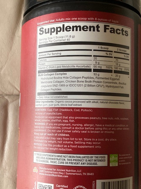 Ancient Nutrition Multi Collagen Protein Chocolate 16.65 oz. Exp. 12/2028.