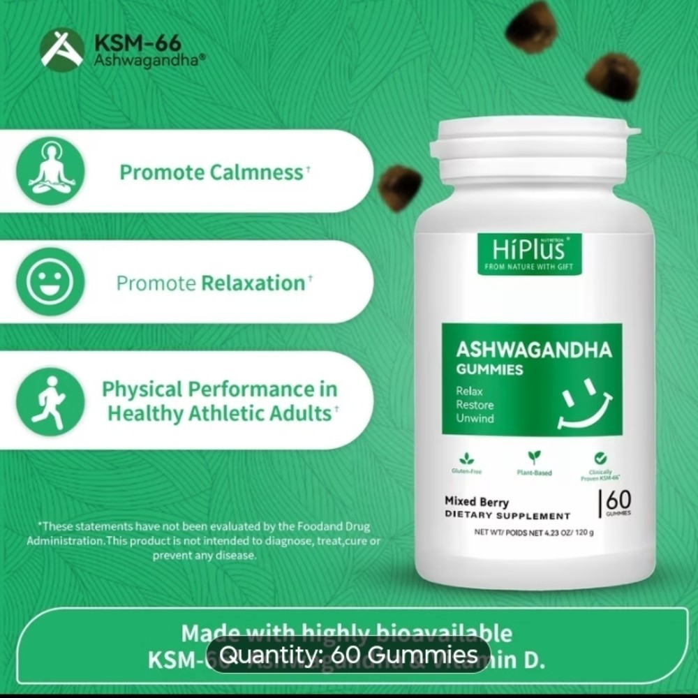 Hiplus Ashwaganda Ksm-66 Gummy 1 Bottle Mixed Berry For Sleep 💤 and Stres