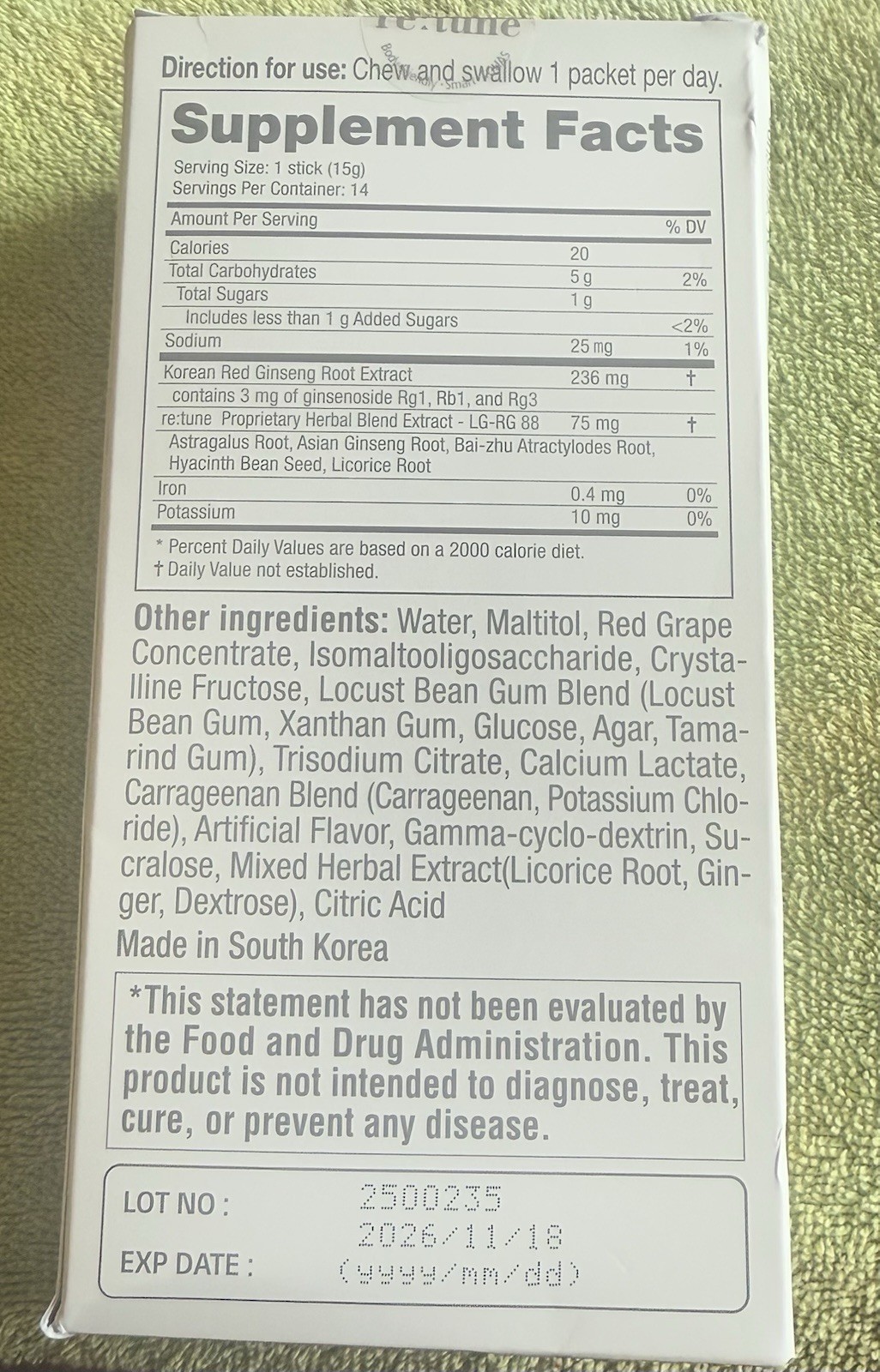 RE:TUNE Korean Red Ginseng Immune Jelly 14 Single Serve Packets Dietary Suppleme