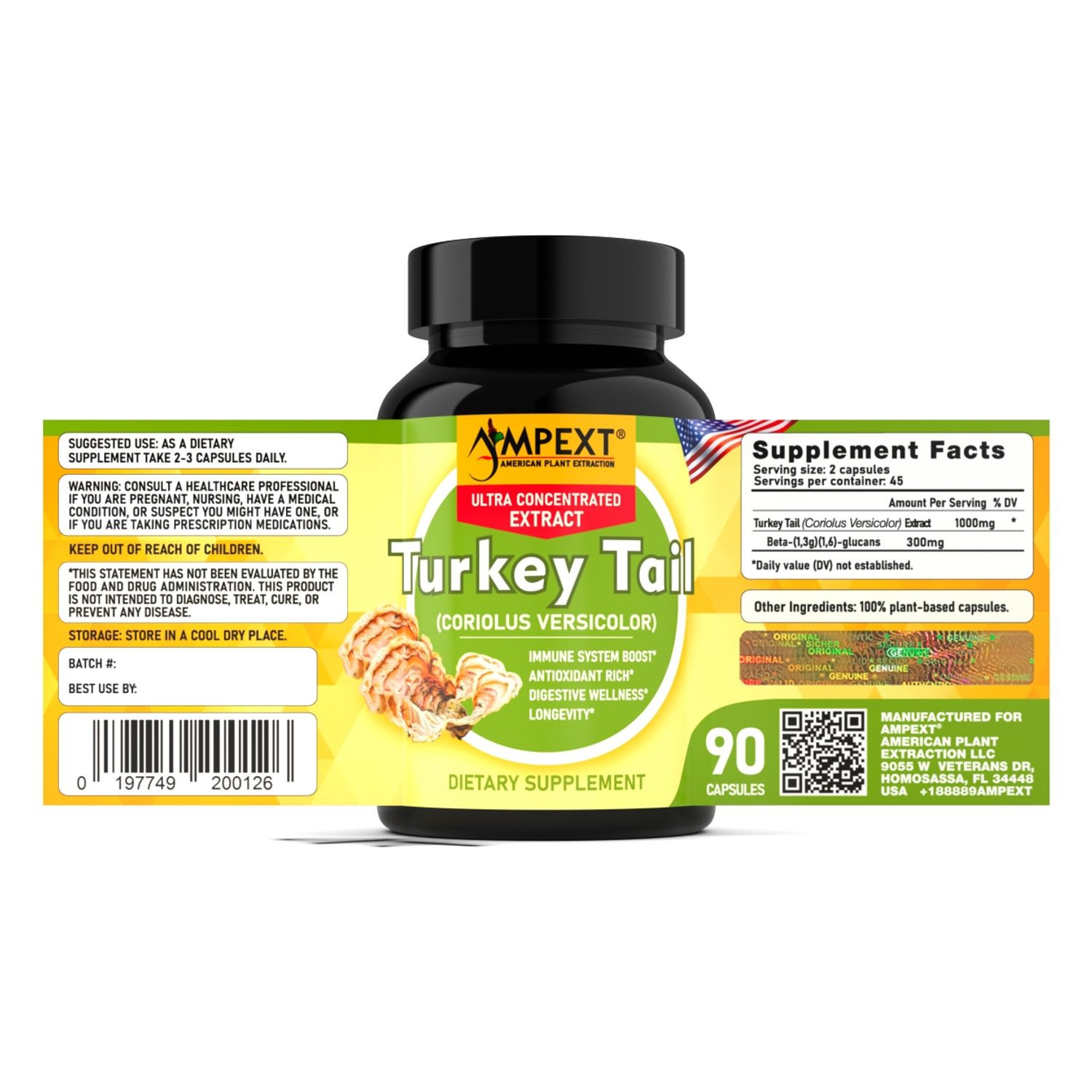 Turkey tail Extract – Only Fruiting Bodies, Over 30% Beta-Glucans, 90 caps