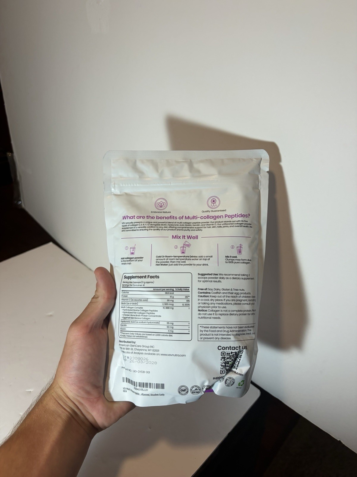 VEV Multi Collagen Peptides Powder Types I II III V X w/ Biotin 1 lb Unflavored