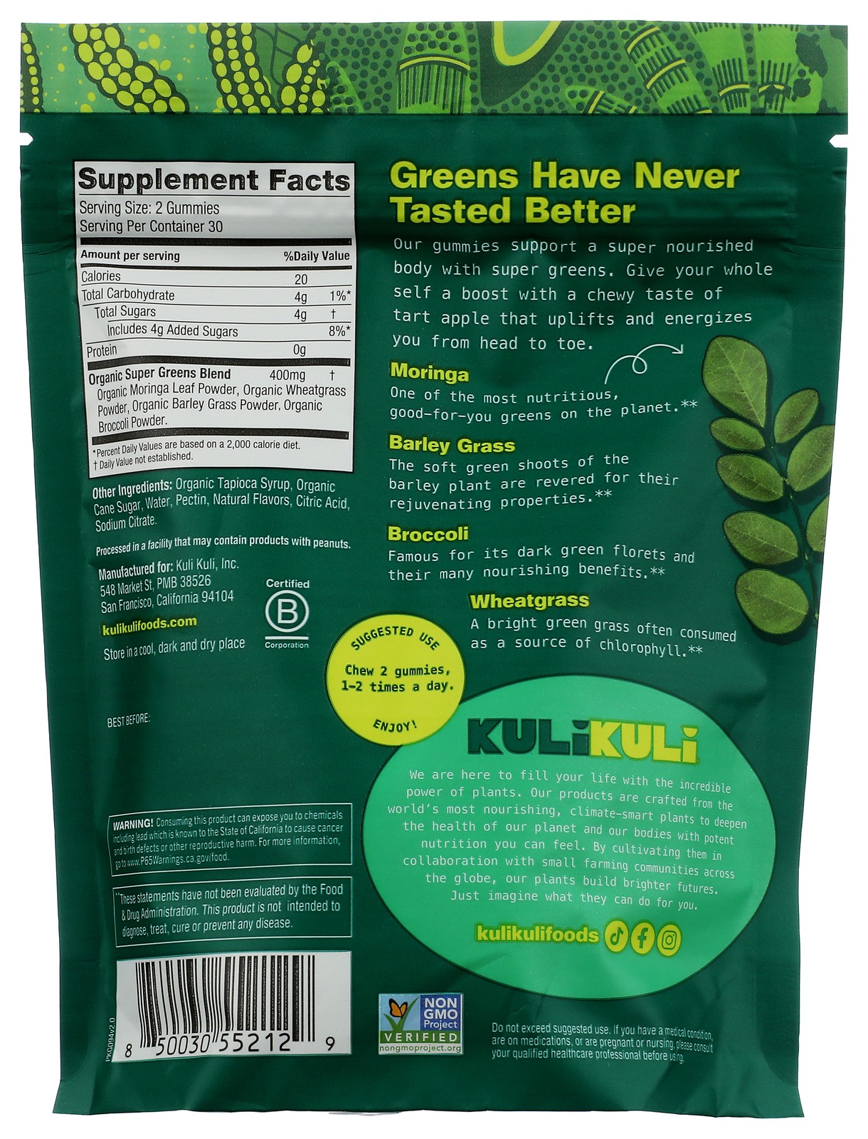 Kuli Green Apple Superfood Gummies Moringa Super Greens 60 Ct 1 Pack