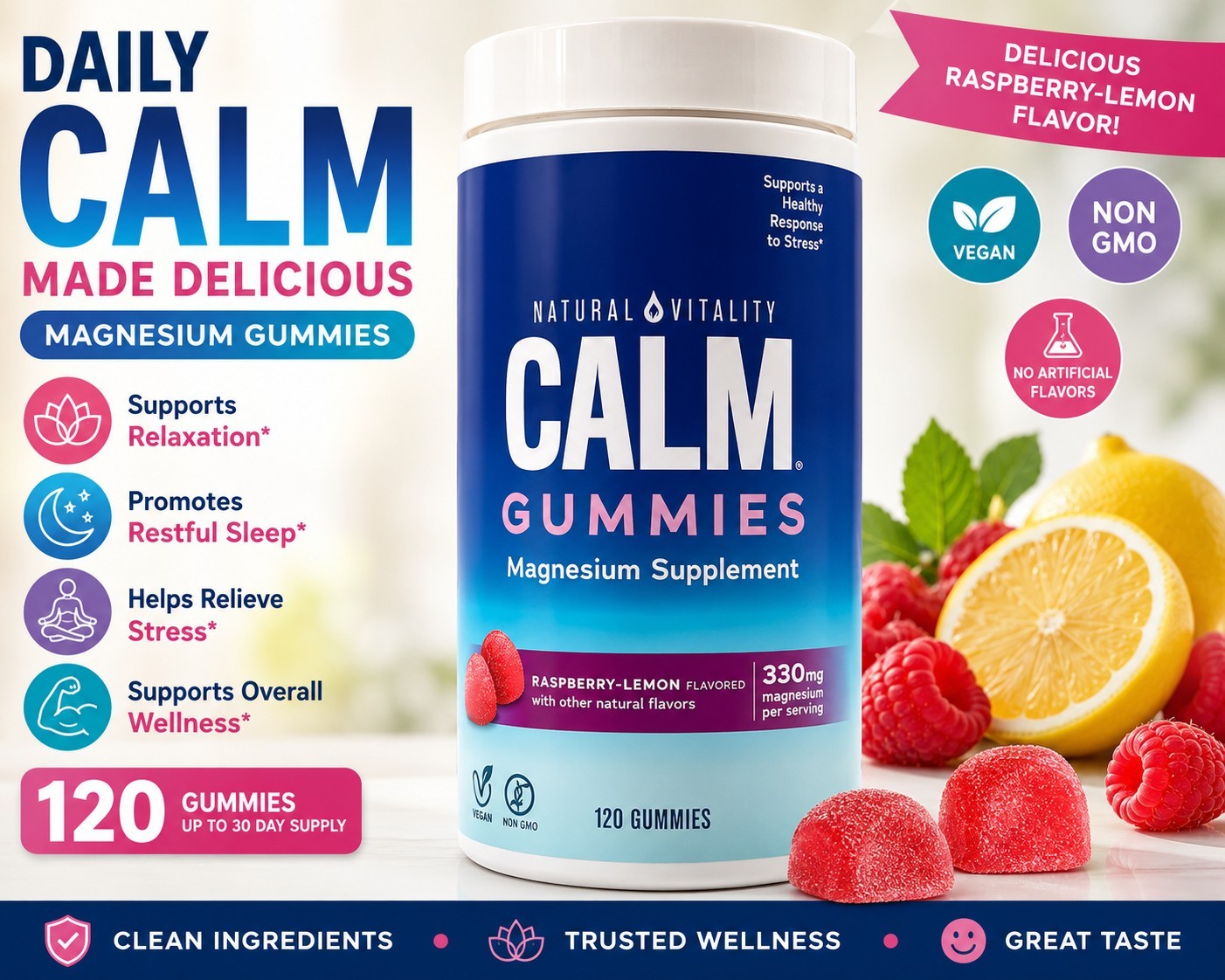Natural Vitality CALM Gummies 120ct Magnesium Citrate Raspberry Lemon Exp 02/27