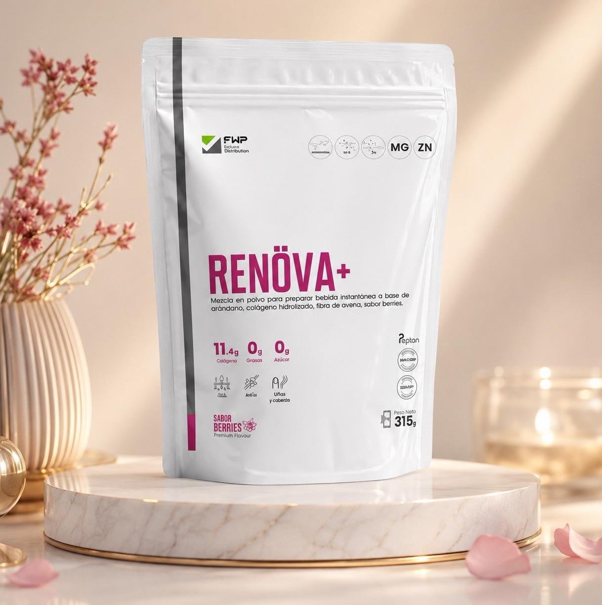 RENÖVA+ Hydrolyzed collagen with Active Biopeptides,sugar-free strawberry- 315g