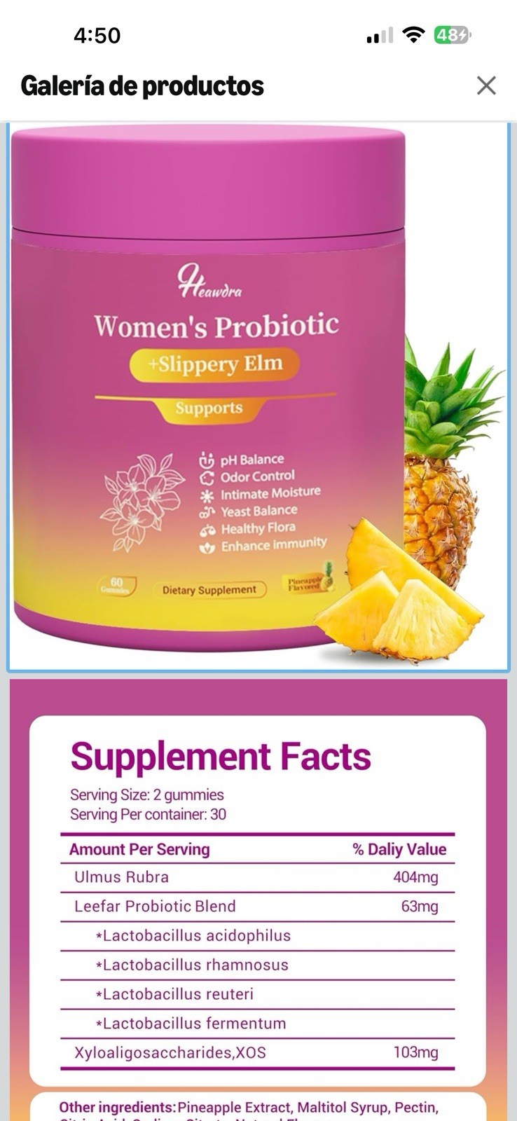 Heawdra Women’s Probiotic Gummies Pineapple Flavor with Slippery Elm, 60 Count