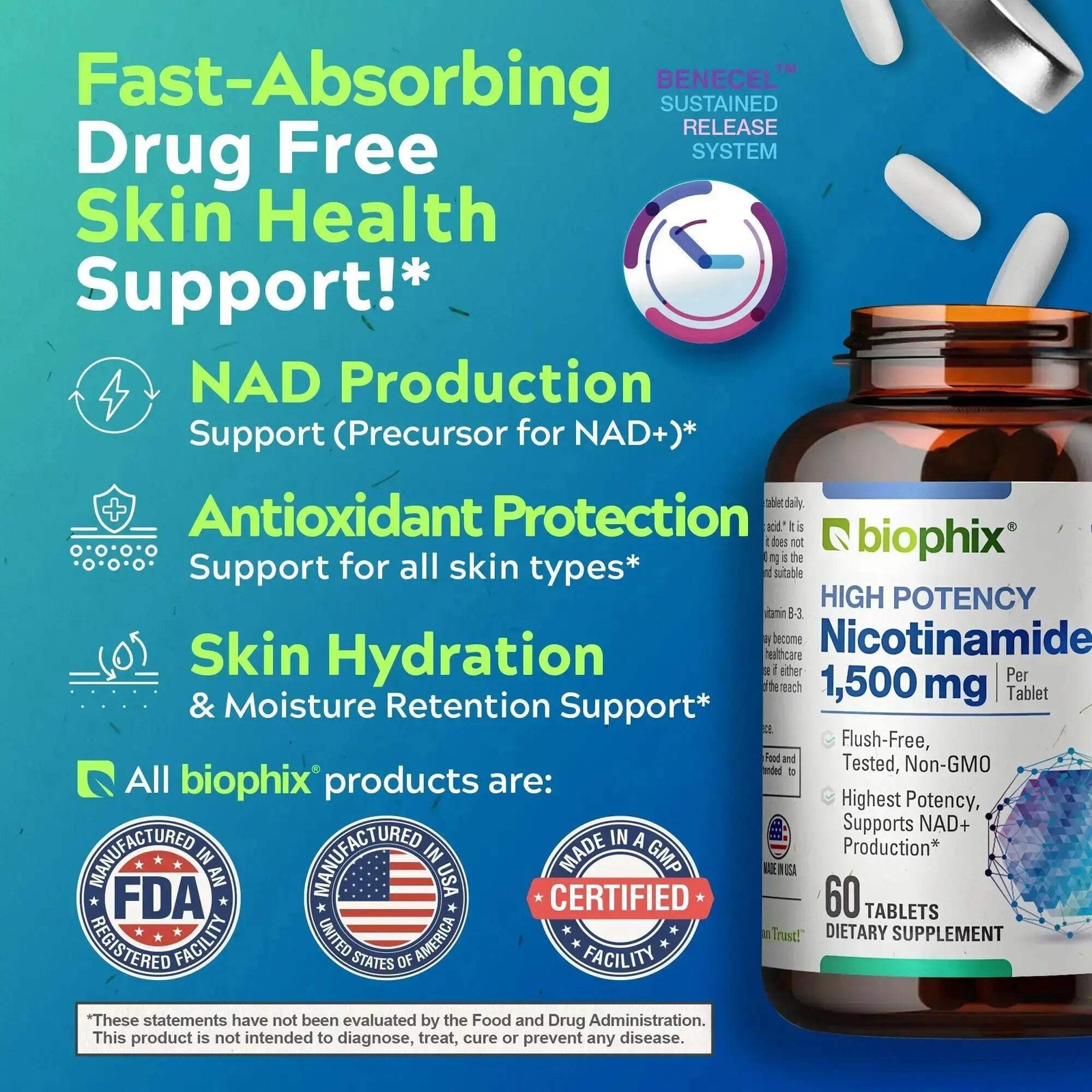 Biophix Nicotinamide Vitamin B-3 Flush Free 1500 mg 60 Sustained Release Tablets