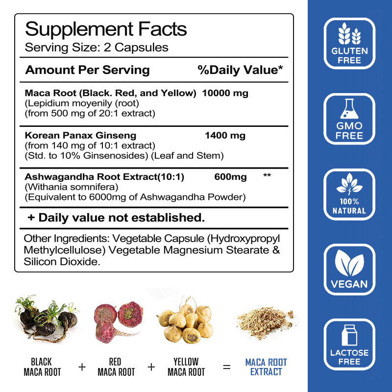 Organic Maca Root Capsules | 120 Pills | Peruvian Maca Extract for Men&Women