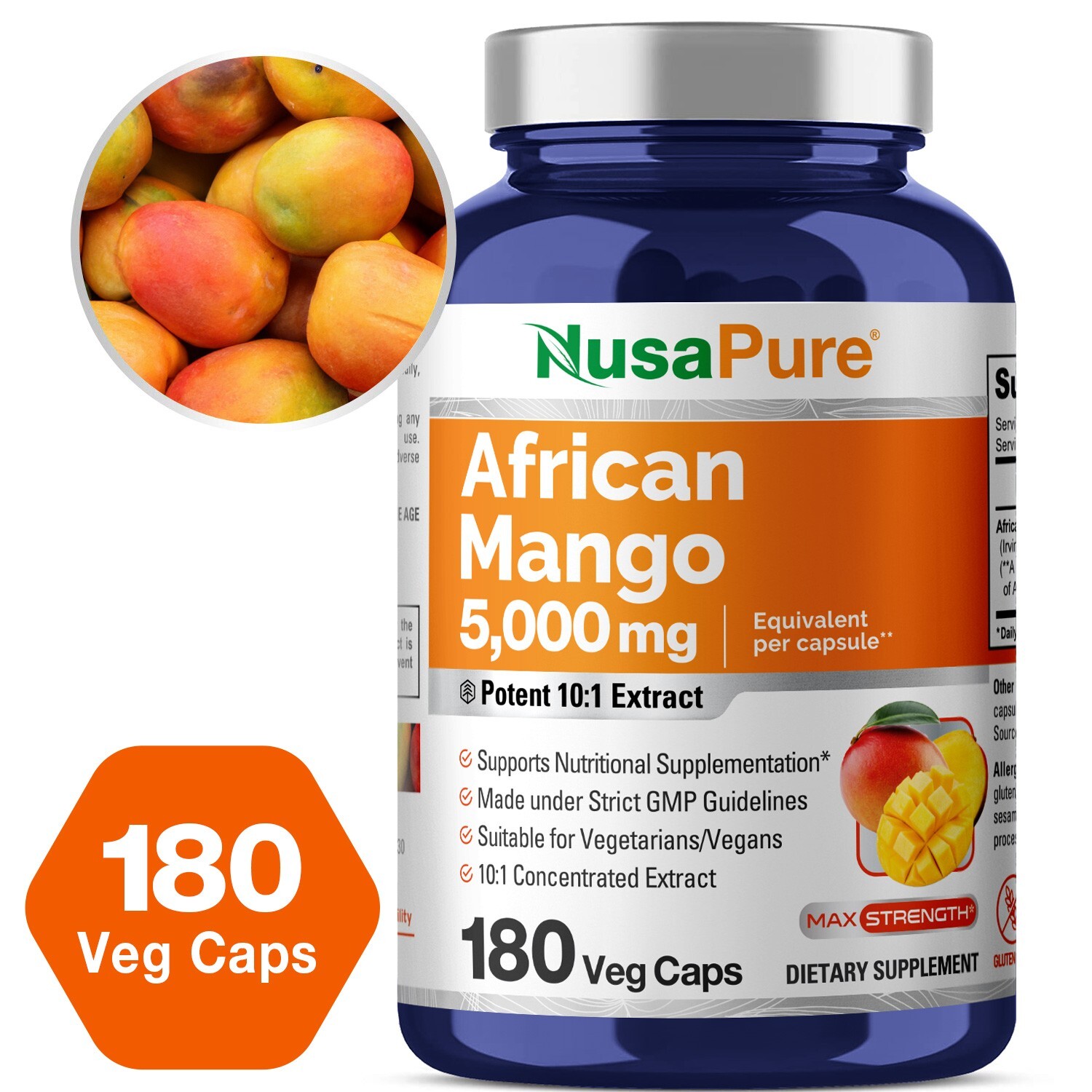 NusaPure African Mango Extract 5,000 mg per Veggie Caps 180 Capsules (Non-GMO)