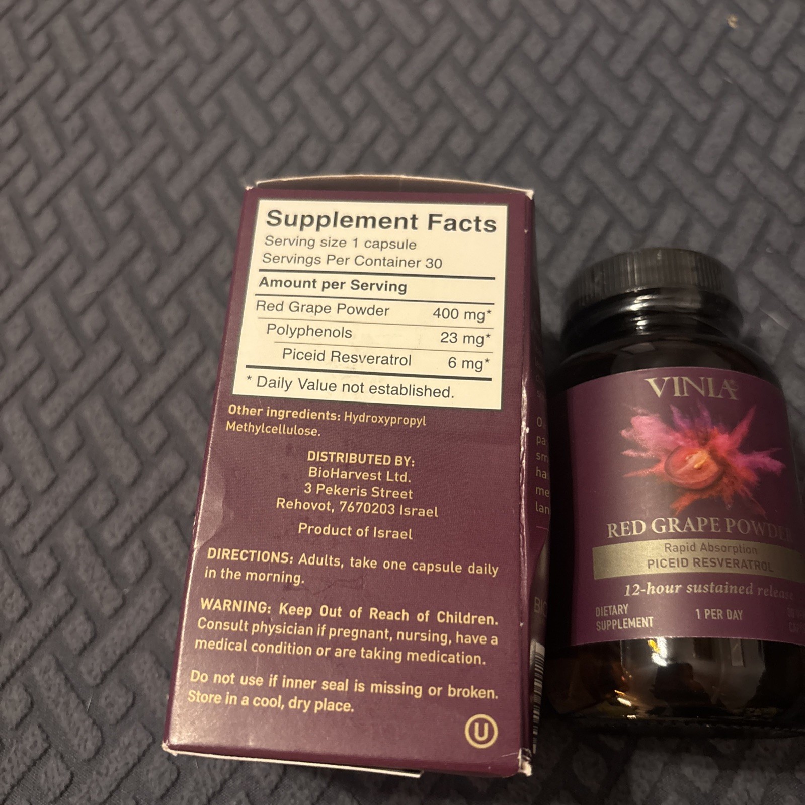 VINIA Red Grape Powder 12-Hour Piceid Resveratrol Supplement, 30 Veggie Caps