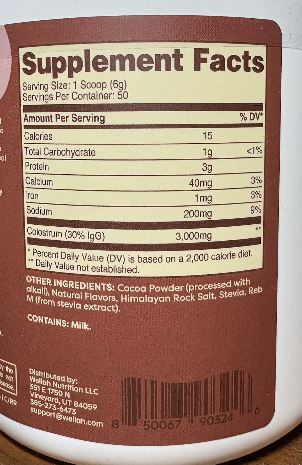 Wellah Colostrum Rocky Road Flavored 9.8 Oz (275g) 50 servings Gut Health Sealed