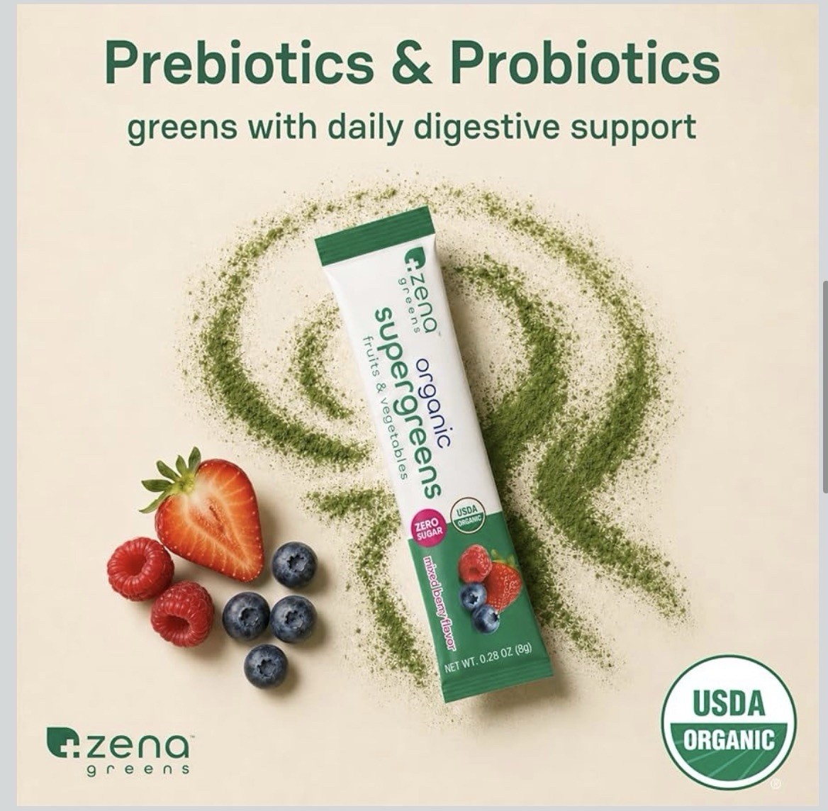 Zena Nutrition Organic Supergreens Powder Zero Sugar Non-GMO Mixed Berry