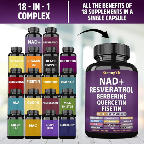 NAD Resveratrol Supplement with Berberine, Quercetin, 60 Count (Pack of 1)