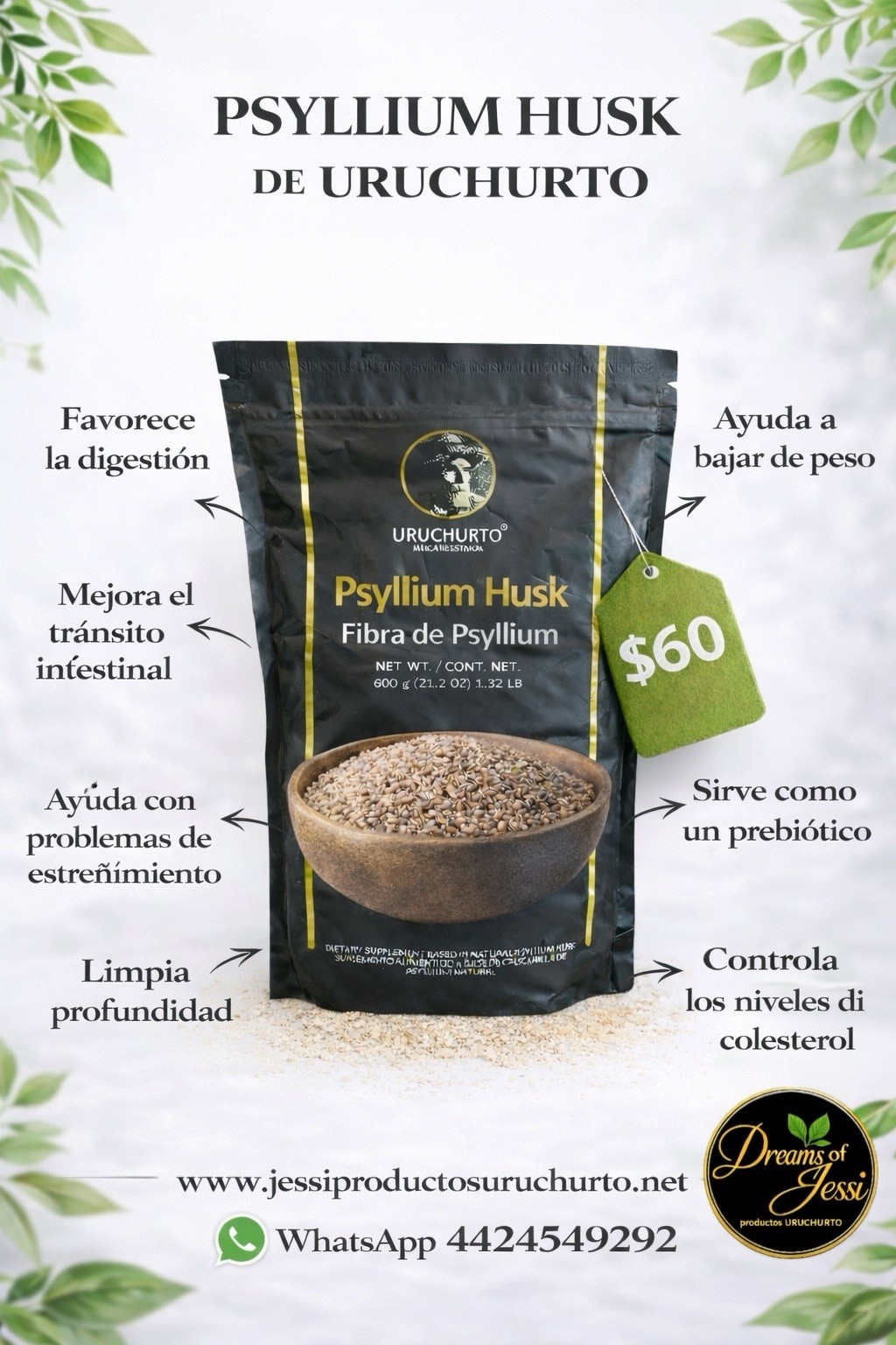 Uruchurto Psyllium Husk Fiber Supplement 600g Digestive Health Prebiotic