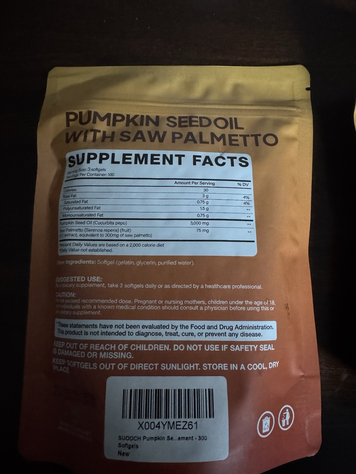 SUOOCH Pumpkin Seed Oil & Saw Palmetto 3000mg 300 Softgels GMO-Free Gluten Free