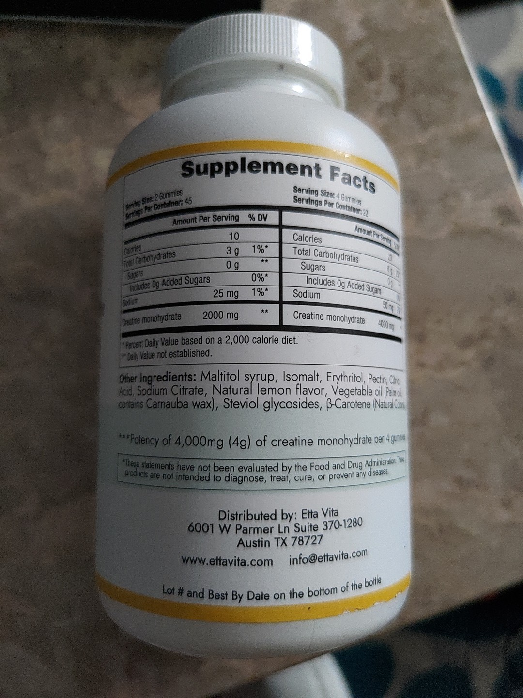 Etta Vita Sugar Free Creatine Monohydrate Gummies 90 Count Lemon EXP 3/26