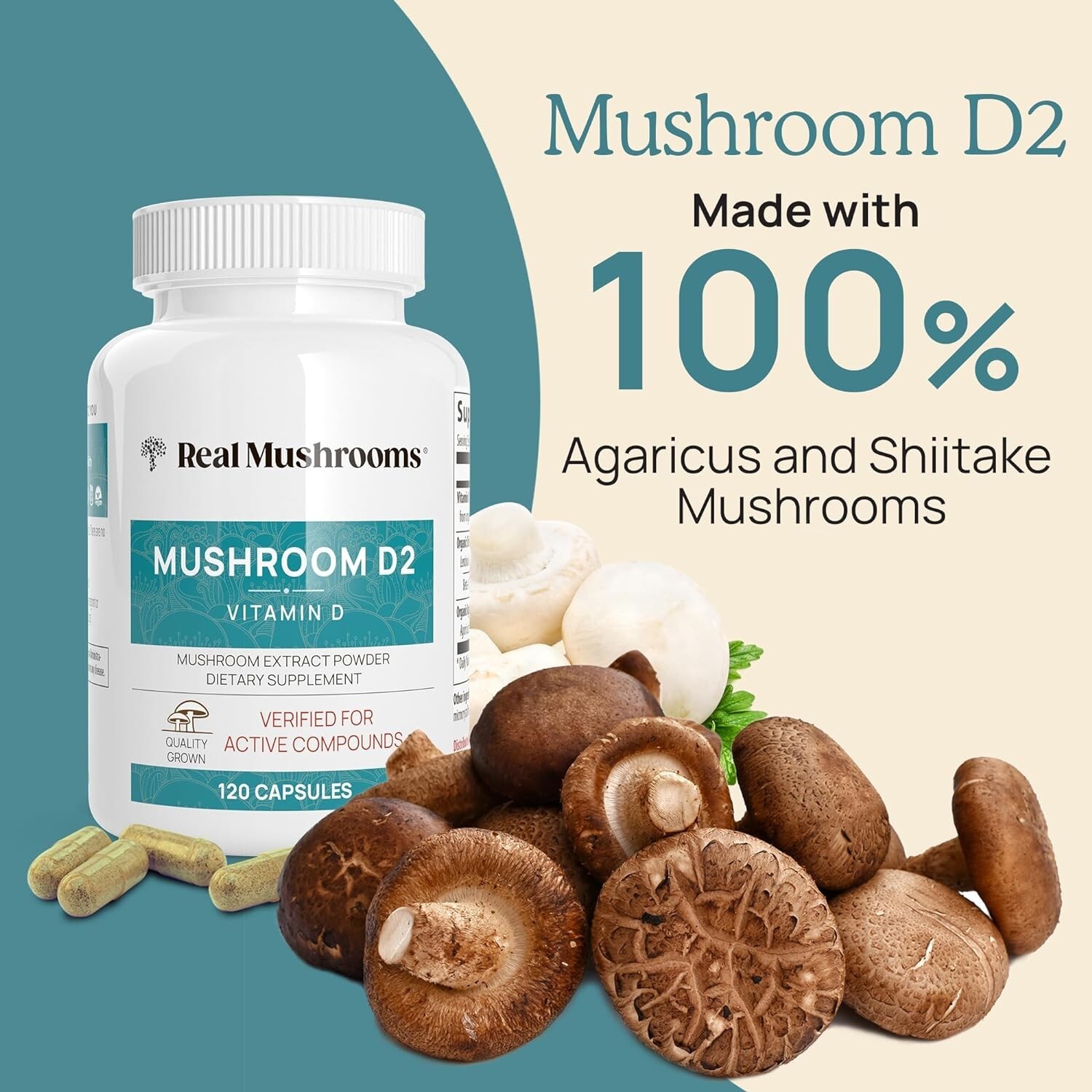 Real Mushrooms Organic Vitamin D2 Extract Kosher Non-GMO Pure Vegan 120 caps NEW