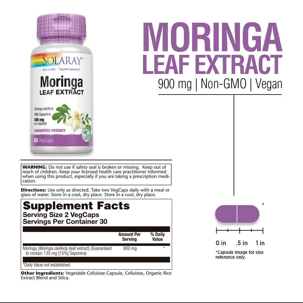 Solaray Guaranteed Potency Moringa Leaf Extract, Veg Cap (Btl-Plastic) 450mg |