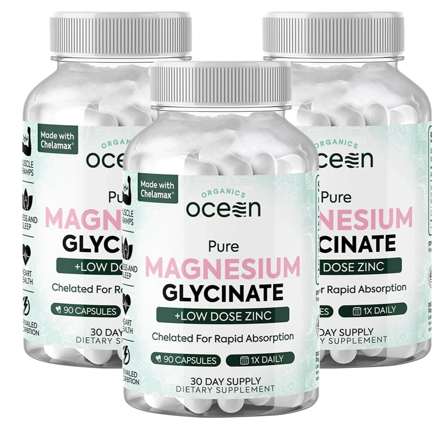 Organics Ocean organic Magnesium Glycinate with Zinc 90 Count (3 Pack) Chelated