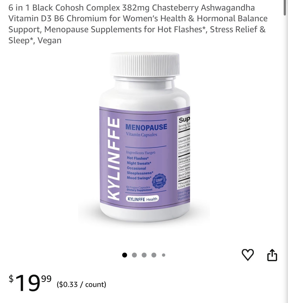 KYLINFFE Menopause Support Vegan Capsules 60ct D3 B6 Chromium Exp 03/2028