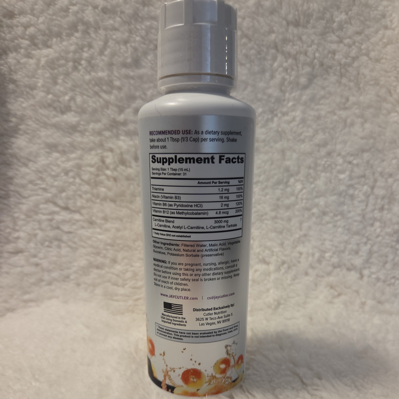 Cutler Nutrition Carnitine Liquid 3000 Sour Peach Rings All Natural 16 fl oz
