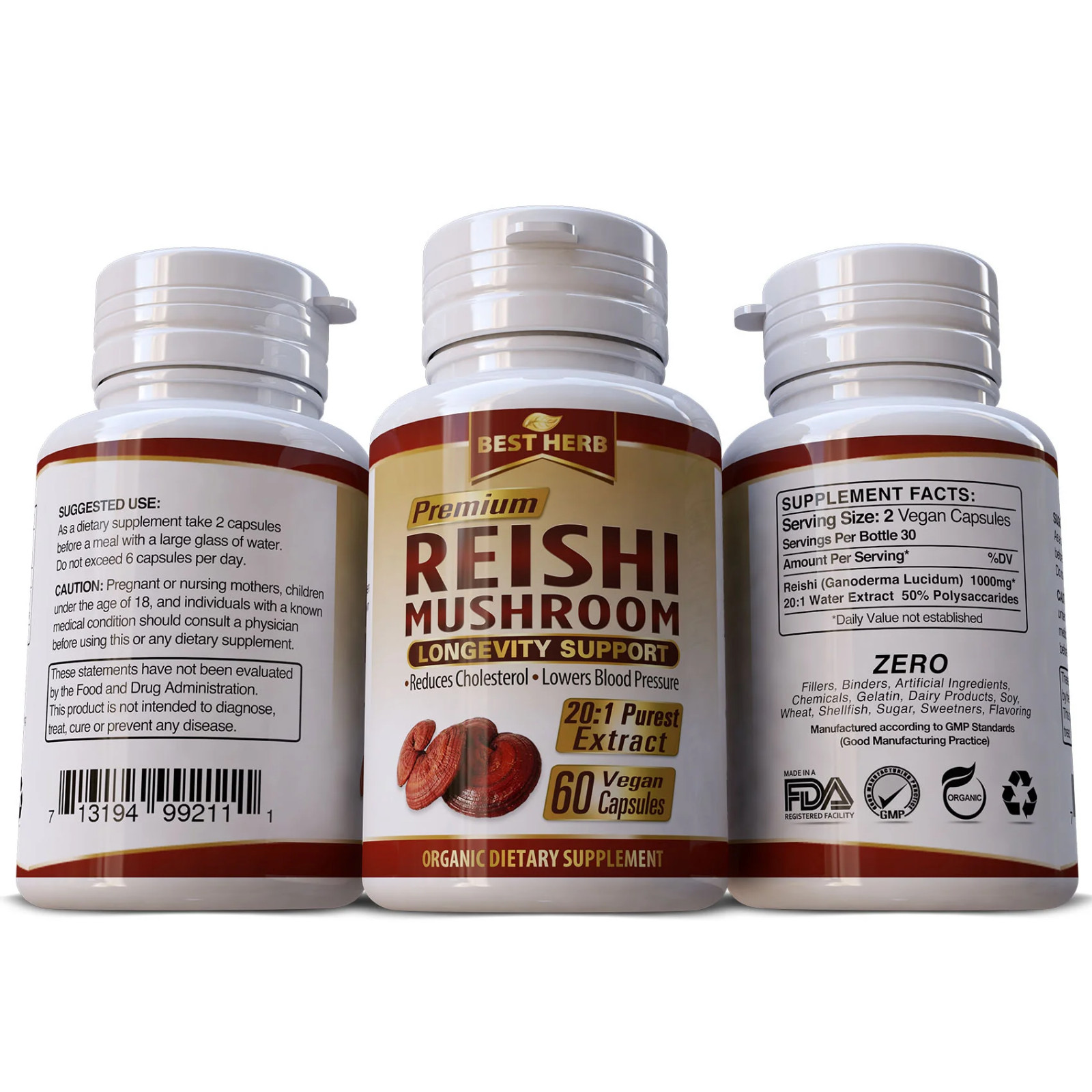 Pure Reishi Mushroom Natural Supplement Organic Pills Immune Health Max Support