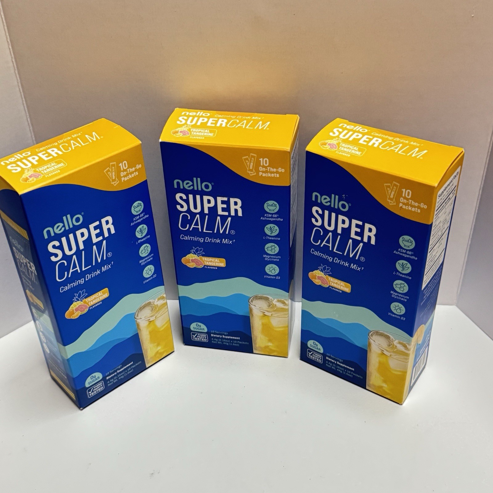 3x Nello Supercalm Calming Drink Mix Tropical Tangerine 10 ct per box EXP 1/27