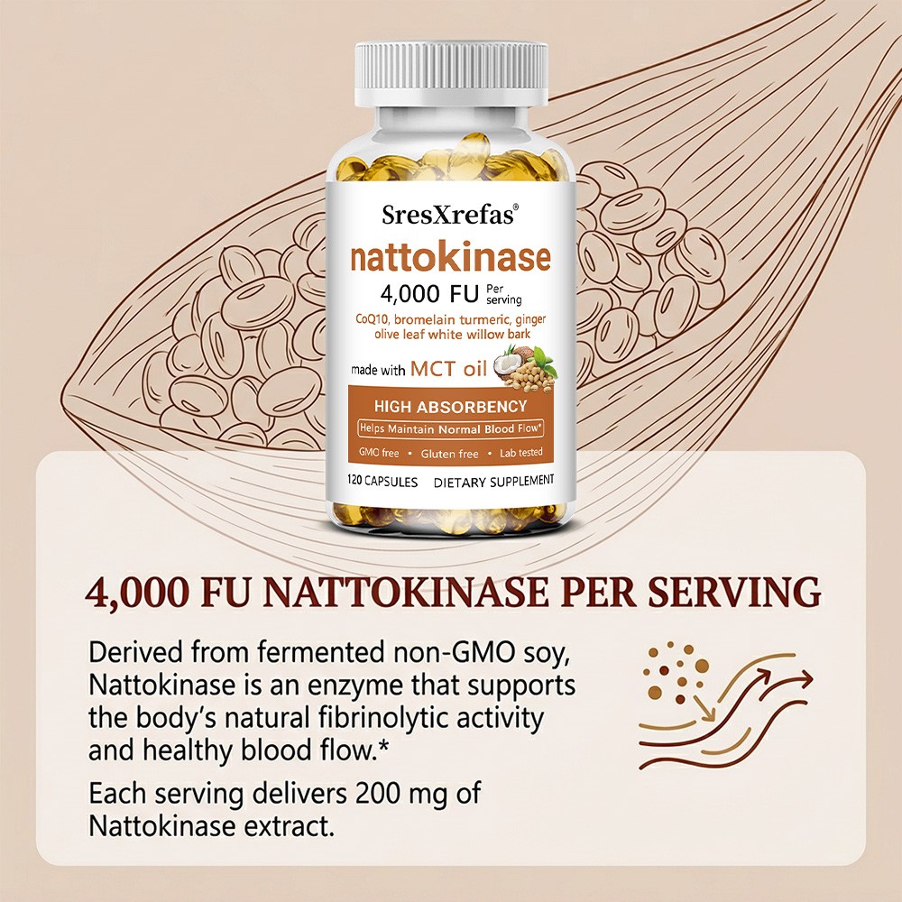 4000 FU Nattokinase Complex with CoQ10,MCT Oil for Heart Circulation 30~120 Caps