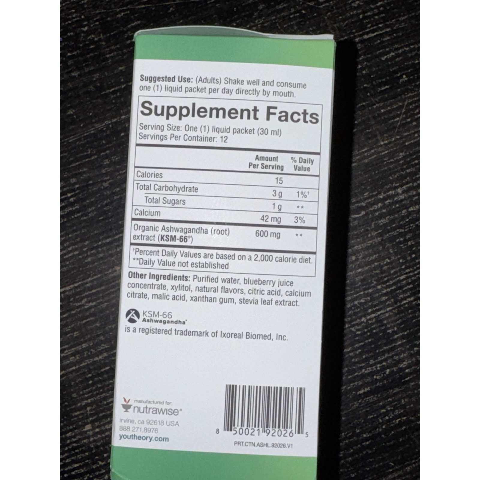 Youtheory Ashwagandha Liquid Stress Relief Blueberry 12 Packets Ex 7/2027
