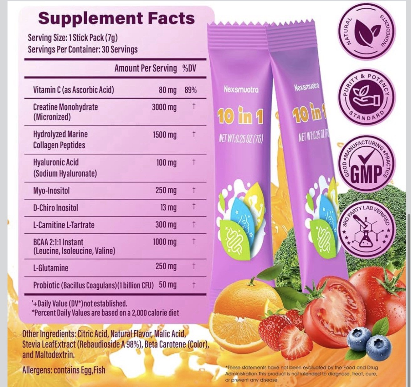 Nexsmuotra 10-in-1 Dietary Supplement Powder Sticks 30 Servings Tropical Orange